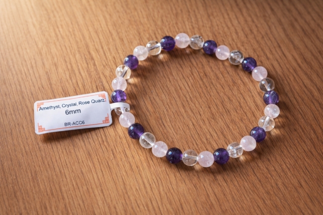 Bracelet Améthyste cristal et quartz rose 6mm